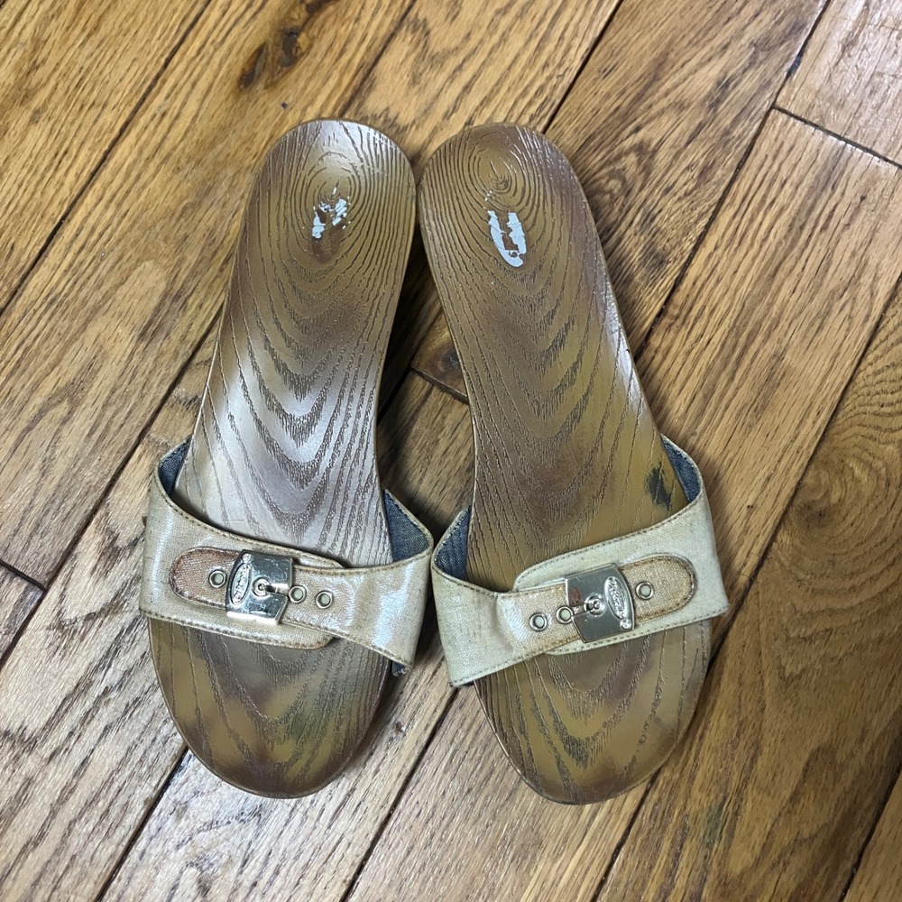 Dr. Scholls Classic Wood Slide Sandals Champagne Metallic Buckle Womens 9M